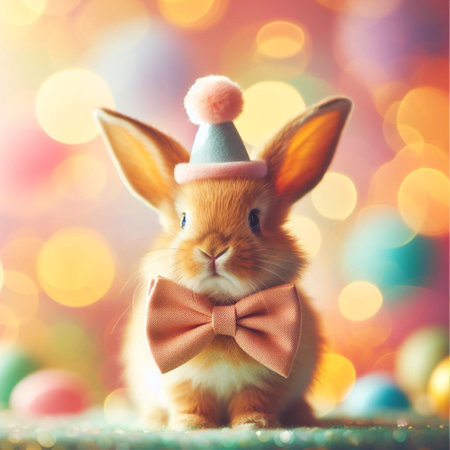 Cute little bunny and Easter eggs on bokeh background.の素材