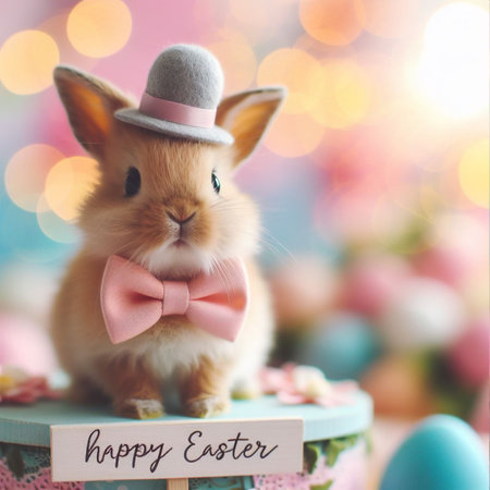 Cute little bunny and Easter eggs on bokeh background.の素材
