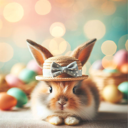 Cute little bunny and Easter eggs on bokeh background.の素材