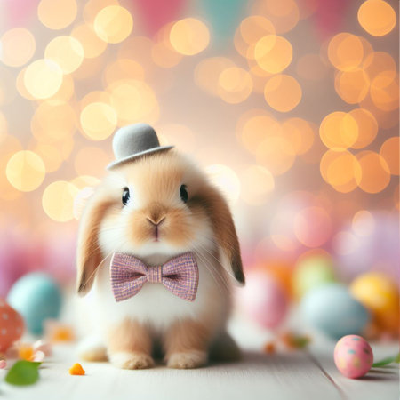 Cute little bunny and Easter eggs on bokeh background.の素材