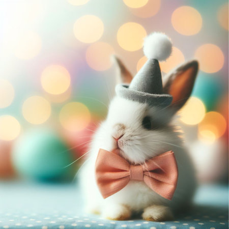 Cute little bunny and Easter eggs on bokeh background.の素材
