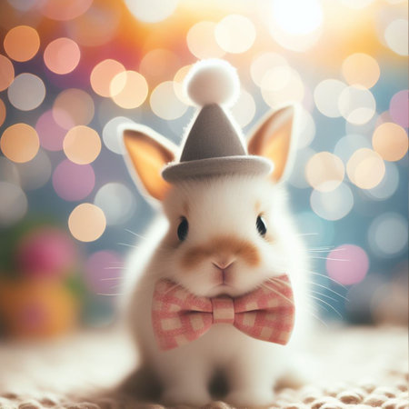 Cute little bunny and Easter eggs on bokeh background.の素材