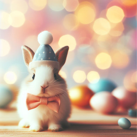 Cute little bunny and Easter eggs on bokeh background.の素材