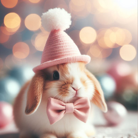 Cute little bunny and Easter eggs on bokeh background.の素材