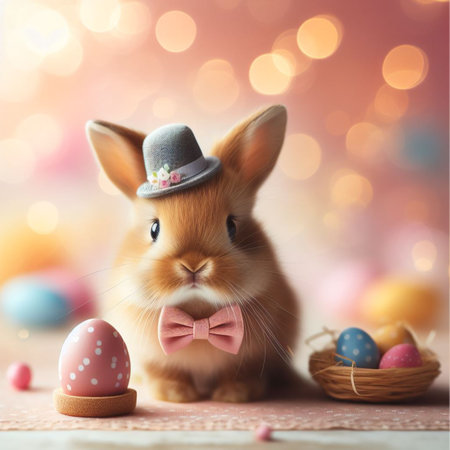 Cute little bunny and Easter eggs on bokeh background.の素材