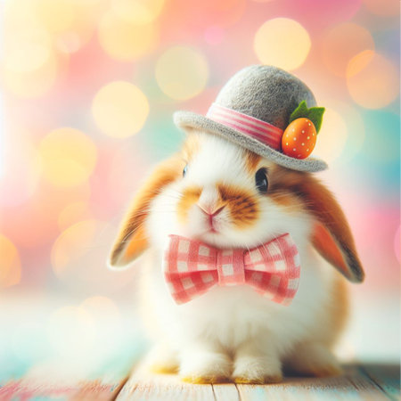 Cute little bunny and Easter eggs on bokeh background.の素材