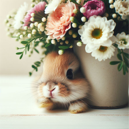 Cute Easter bunny and spring flowers over white background, close upの素材