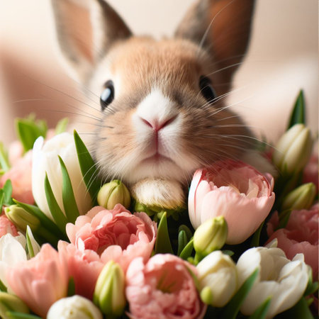 Cute Easter bunny and spring flowers over white background, close upの素材