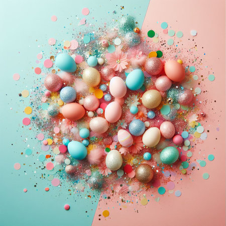 Festive easter background with confetti, sparkles and easter eggs. Vector illustration.の素材