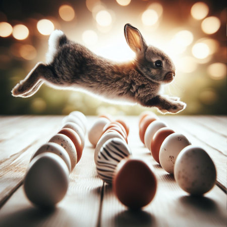 Easter bunny jumping over colorful eggs on wooden table with bokeh backgroundの素材