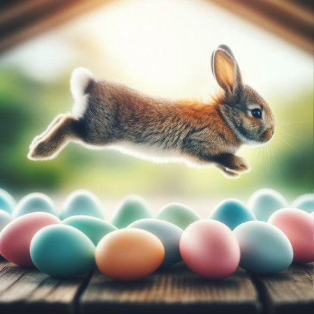 Easter bunny jumping over colorful eggs on wooden table with bokeh backgroundの素材