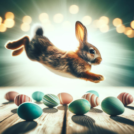 Easter bunny jumping over colorful eggs on wooden table with bokeh backgroundの素材