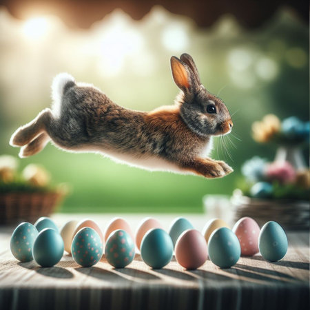 Easter bunny jumping over colorful eggs on wooden table with bokeh backgroundの素材