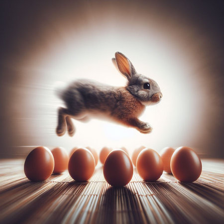 Easter bunny jumping over colorful eggs on wooden table with bokeh backgroundの素材