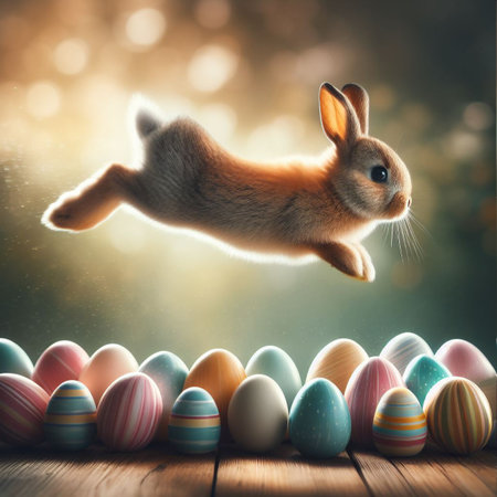 Easter bunny jumping over colorful eggs on wooden table with bokeh backgroundの素材