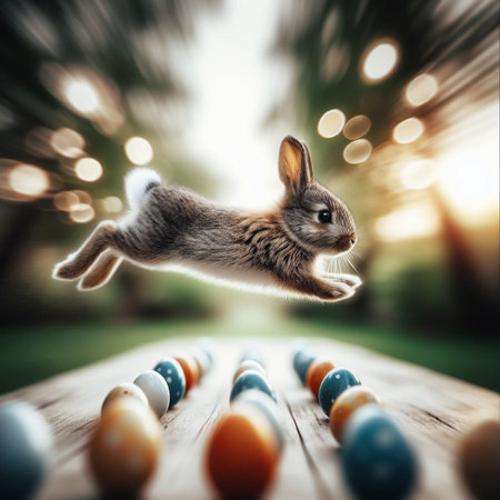 Easter bunny jumping over colorful eggs on wooden table with bokeh backgroundの素材