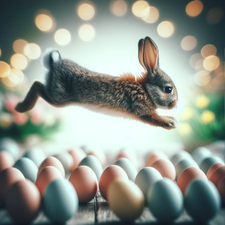 Easter bunny jumping over colorful eggs on wooden table with bokeh backgroundの素材