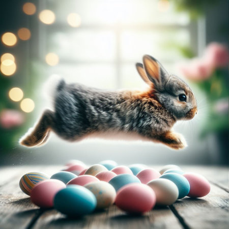 Easter bunny jumping over colorful eggs on wooden table with bokeh backgroundの素材