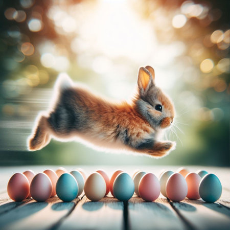 Easter bunny jumping over colorful eggs on wooden table with bokeh backgroundの素材