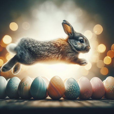 Easter bunny jumping over colorful eggs on wooden table with bokeh backgroundの素材