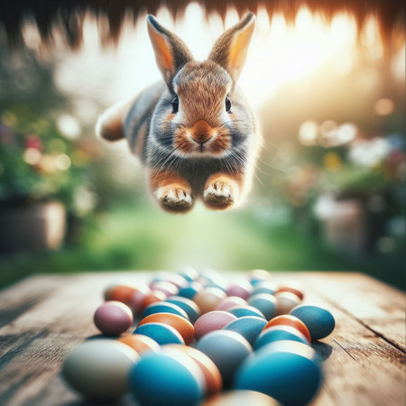 Easter bunny jumping over colorful eggs on wooden table with bokeh backgroundの素材