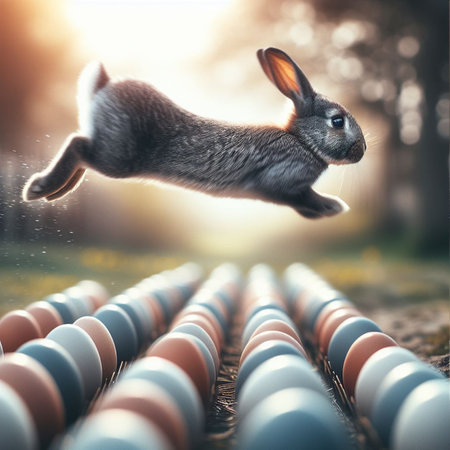 Easter bunny jumping over colorful eggs on wooden table with bokeh backgroundの素材