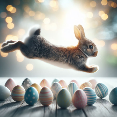 Easter bunny jumping over colorful eggs on wooden table with bokeh backgroundの素材