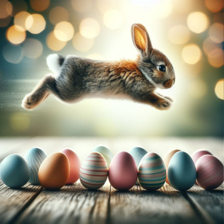 Easter bunny jumping over colorful eggs on wooden table with bokeh backgroundの素材