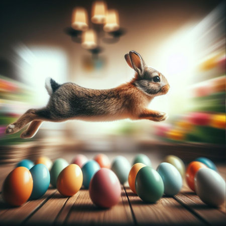 Easter bunny jumping over colorful eggs on wooden table with bokeh backgroundの素材