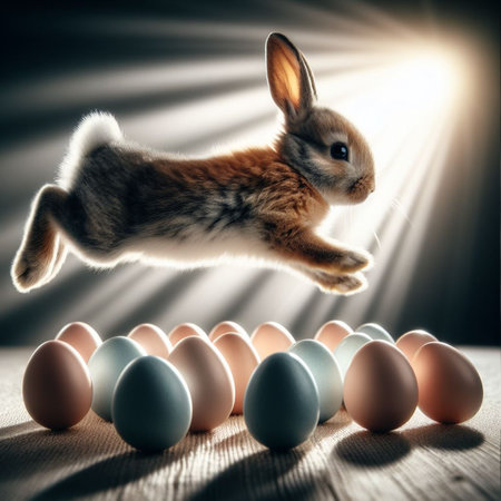 Easter bunny jumping over colorful eggs on wooden table with bokeh backgroundの素材