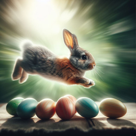 Easter bunny jumping over colorful eggs on wooden table with bokeh backgroundの素材