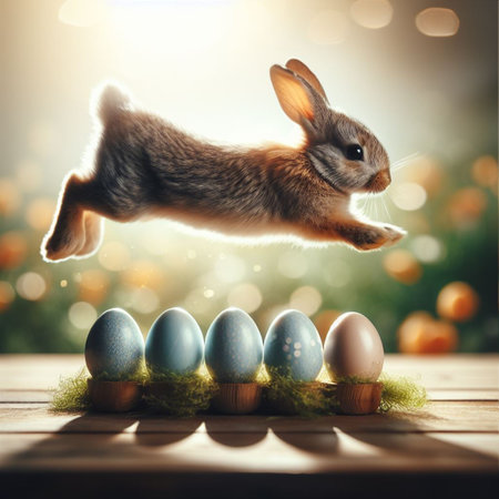Easter bunny jumping over colorful eggs on wooden table with bokeh backgroundの素材