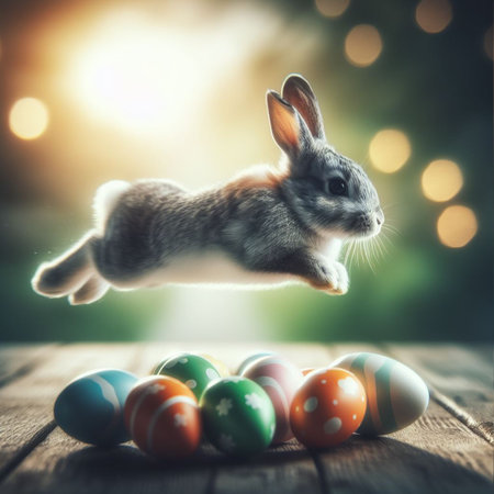 Easter bunny jumping over colorful eggs on wooden table with bokeh backgroundの素材