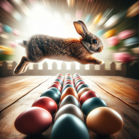 Easter bunny jumping over colorful eggs on wooden table with bokeh backgroundの素材