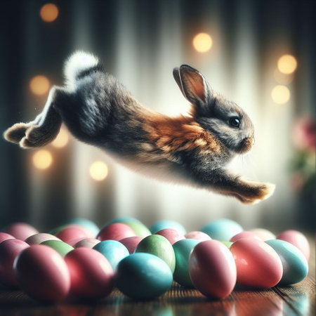 Easter bunny jumping over colorful eggs on wooden table with bokeh backgroundの素材