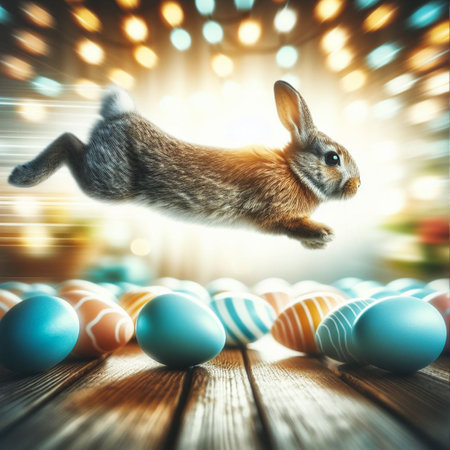 Easter bunny jumping over colorful eggs on wooden table with bokeh backgroundの素材