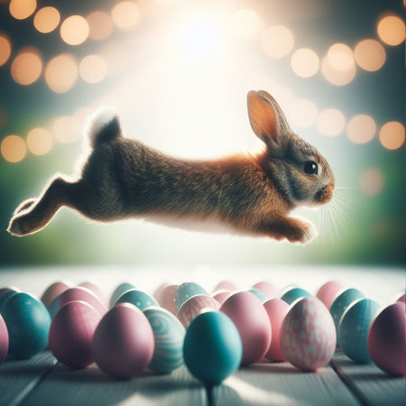 Easter bunny jumping over colorful eggs on wooden table with bokeh backgroundの素材
