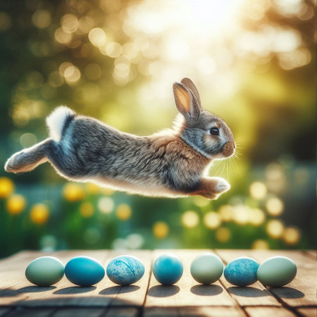 Easter bunny jumping over colorful eggs on wooden table with bokeh backgroundの素材