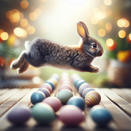 Easter bunny jumping over colorful eggs on wooden table with bokeh backgroundの素材