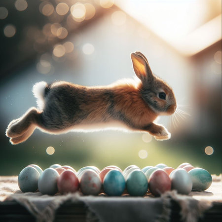 Easter bunny jumping over colorful eggs on wooden table with bokeh backgroundの素材