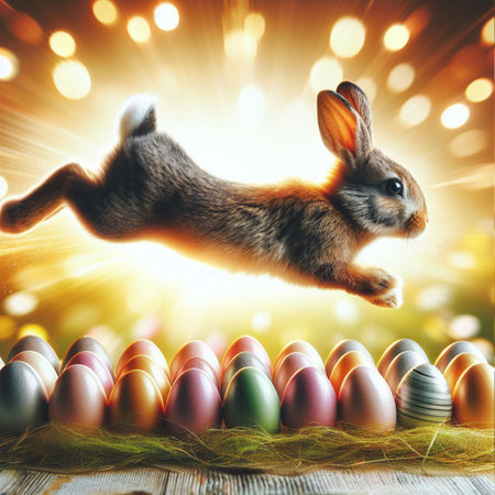 Easter bunny jumping over colorful eggs on wooden table with bokeh backgroundの素材