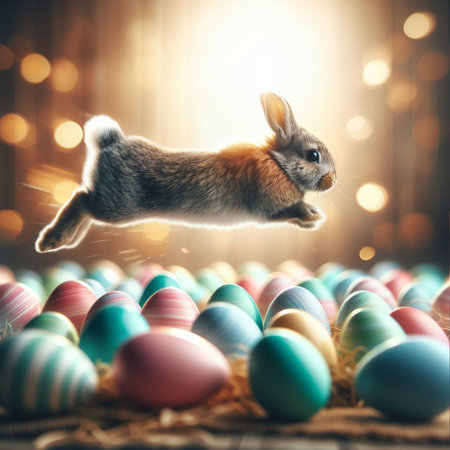 Easter bunny jumping over colorful eggs on wooden table with bokeh backgroundの素材