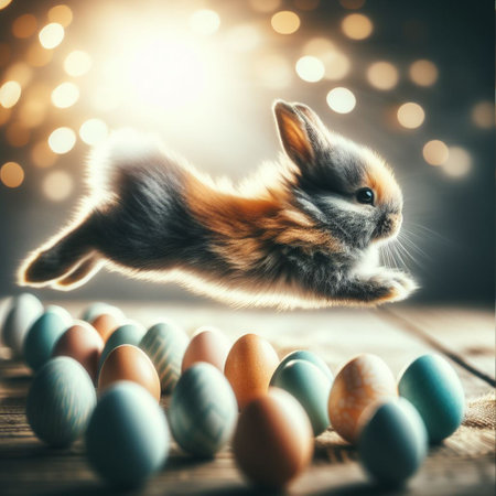 Easter bunny jumping over colorful eggs on wooden table with bokeh backgroundの素材