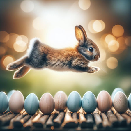 Easter bunny jumping over colorful eggs on wooden table with bokeh backgroundの素材