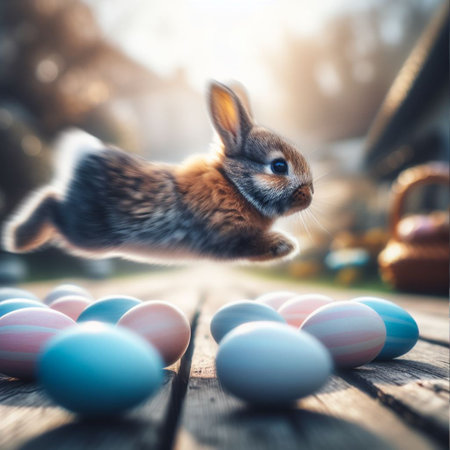 Easter bunny jumping over colorful eggs on wooden table with bokeh backgroundの素材