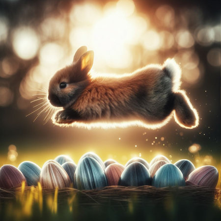Easter bunny jumping over colorful eggs on wooden table with bokeh backgroundの素材