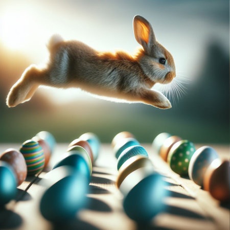 Easter bunny jumping over colorful eggs on wooden table with bokeh backgroundの素材