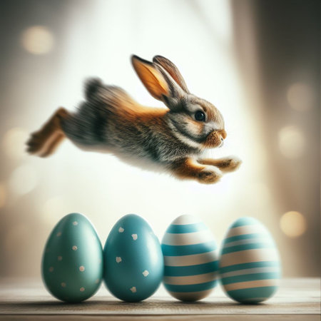 Easter bunny jumping over colorful eggs on wooden table with bokeh backgroundの素材