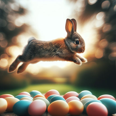 Easter bunny jumping over colorful eggs on wooden table with bokeh backgroundの素材