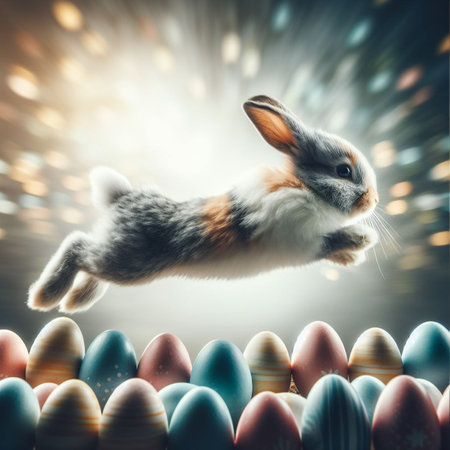 Easter bunny jumping over colorful eggs on wooden table with bokeh backgroundの素材